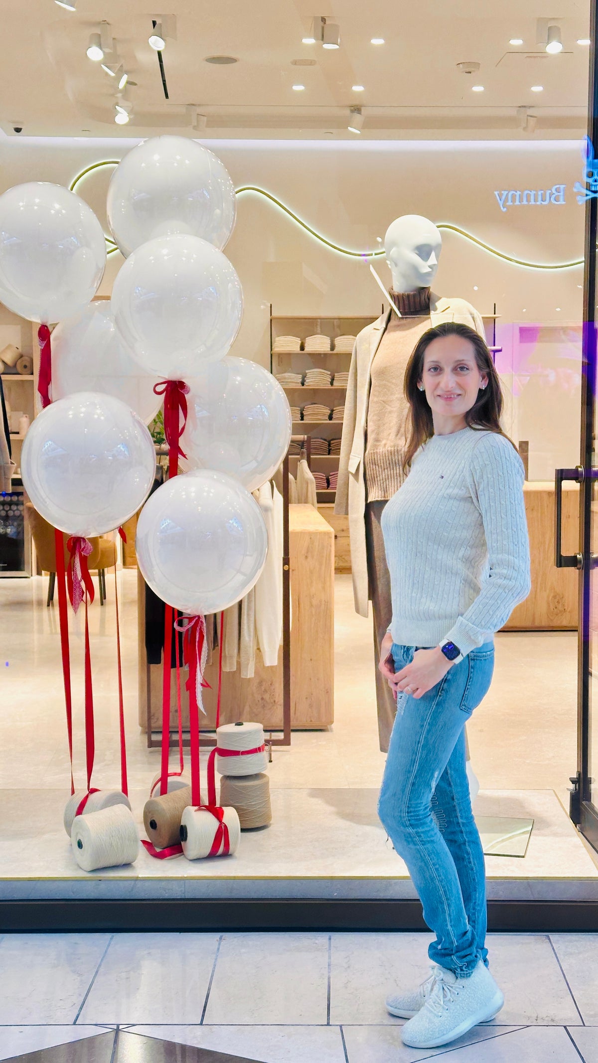 Professional clear balloon storefront display at Westfield San Jose created for a retail event