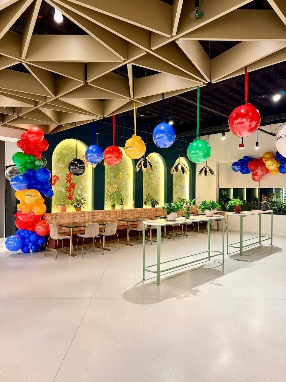 Rainbow corporate balloon installation for a Google office opening in Sunnyvale Silicon Valley